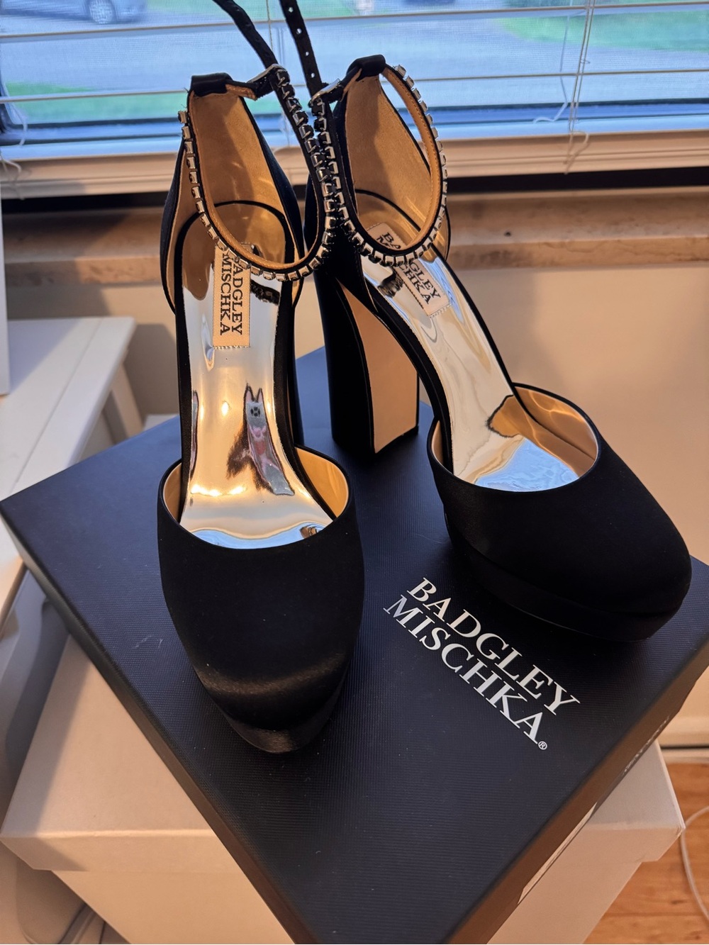 Badgley Mischka Black Satin Platform Ankle-Strap Heels with Crystal Trim